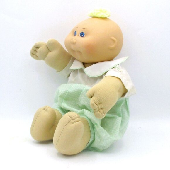 Vintage 1985 Cabbage Patch Kid Doll Yellow Tuft Blue Eyes Green White Outfit - Picture 2 of 10